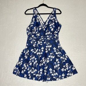 Navy and White Leaf Print Women Swim Dress One Piece